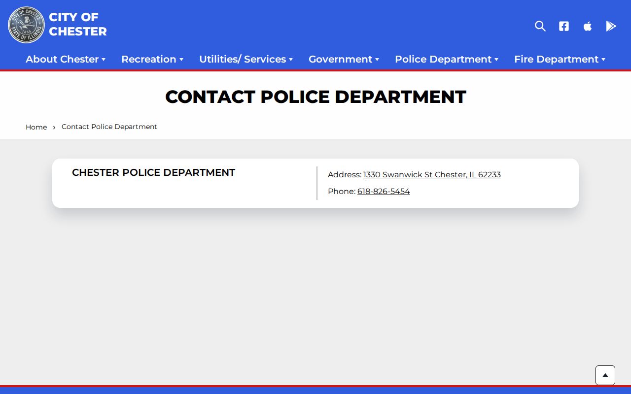 Randolph County Chester Police Department official contact page for arrest records and booking-photo requests